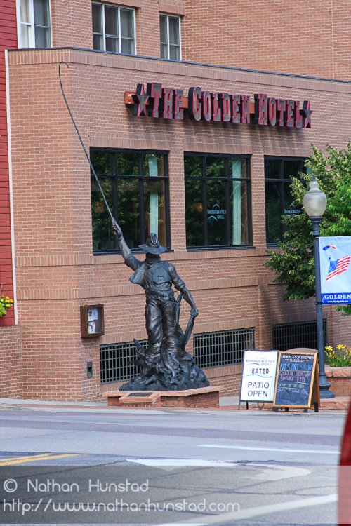 A sculpture in front of the Golden Hotel in Golden, CO